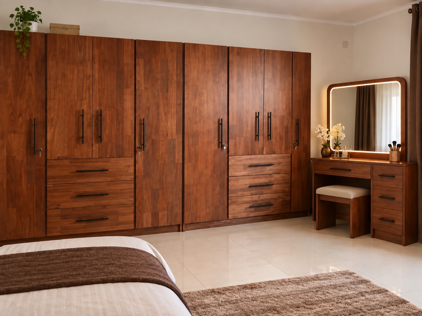 Rich timber fitted wardrobes and matching dressing table with an illuminated mirror
